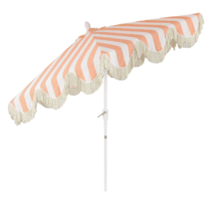 White and Coral Cabana Striped Patio Umbrella- 9 ft. with base